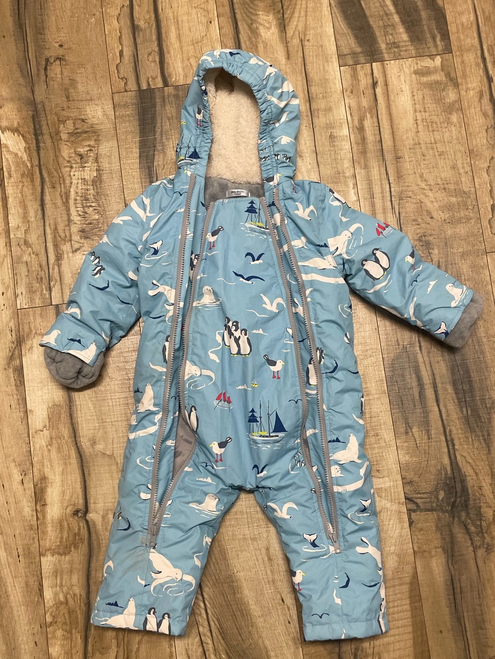 Baby Boden Light Blue Penguin & Sailboat Hooded One-Piece snowsuit